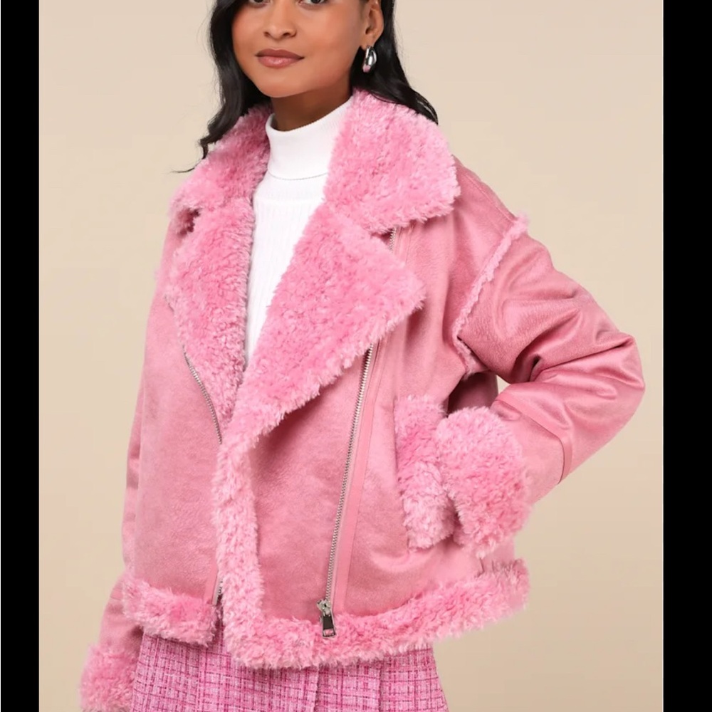 NVLT Pink Faux Shearling Moto Jacket